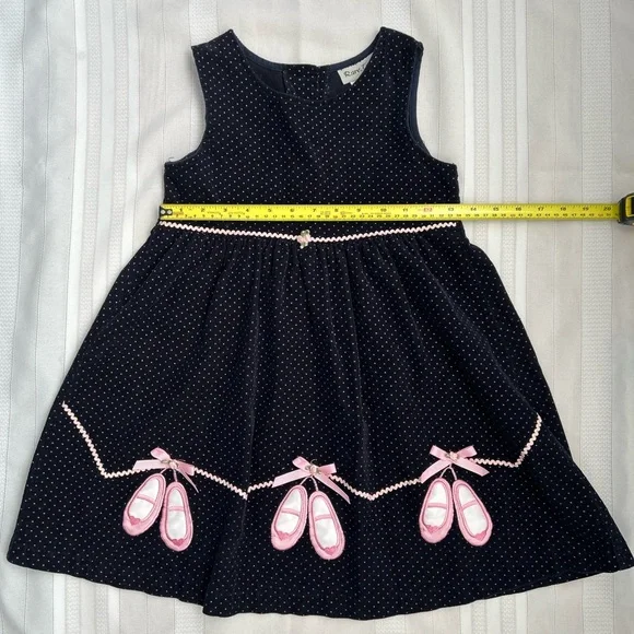 Vintage Navy Corduroy Polka Dot Dress with Pink Ballet Shoe Applique - Picture 3 of 10